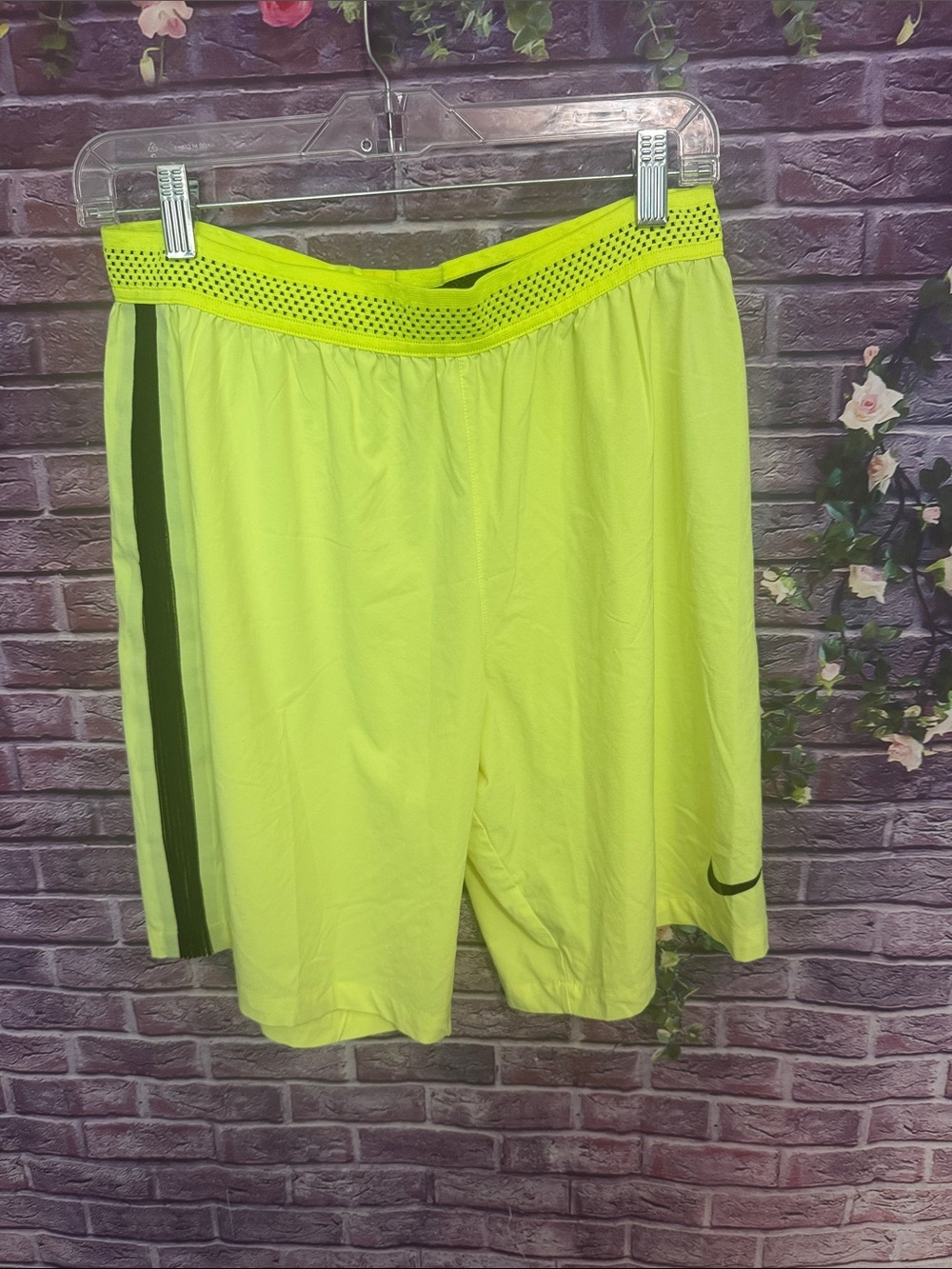 Nike Men's Neon Yellow Athletic Shorts with Black Side Stripe soccer dri-fit L